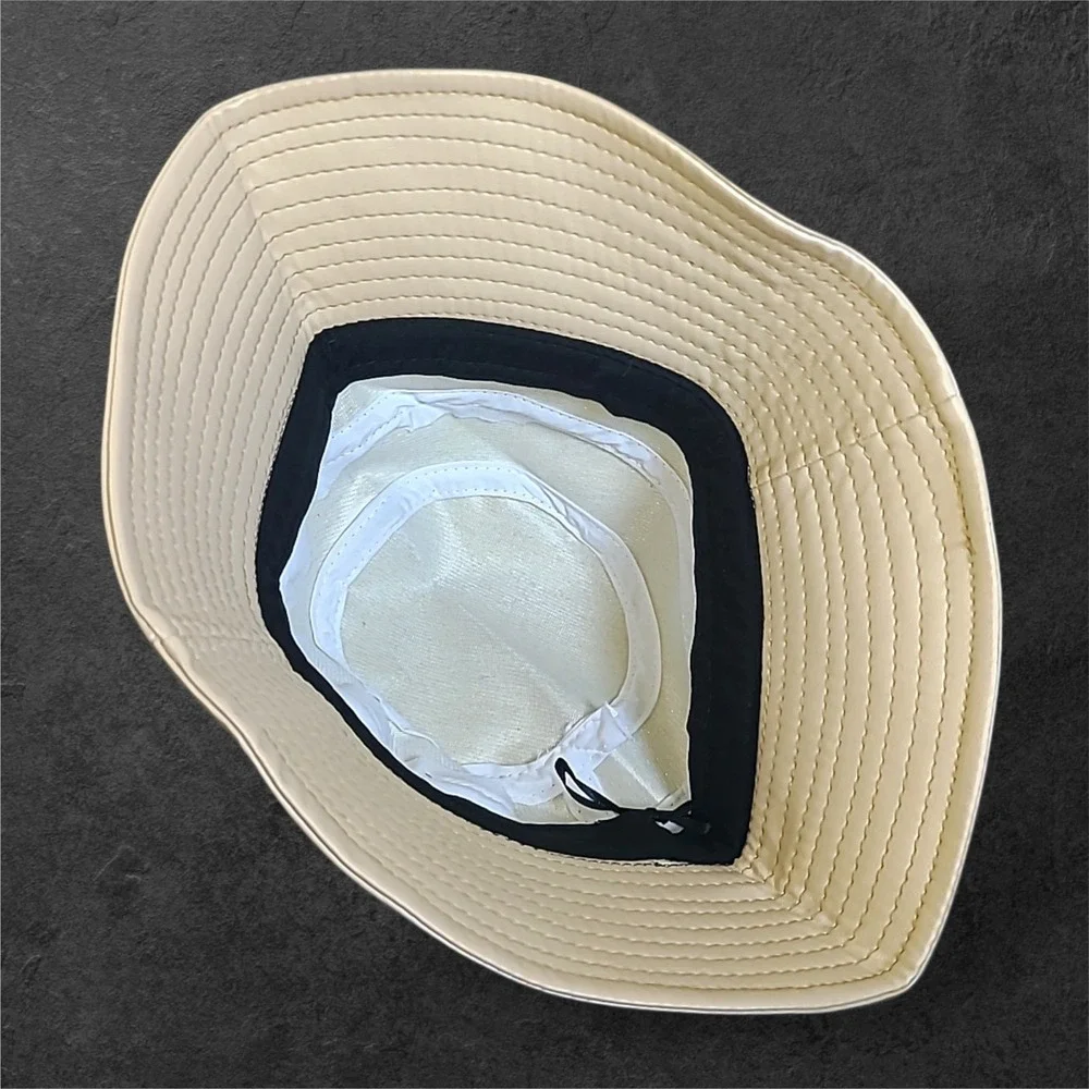 Beige Faux Leather Bucket Hat Wide Brim Stitched